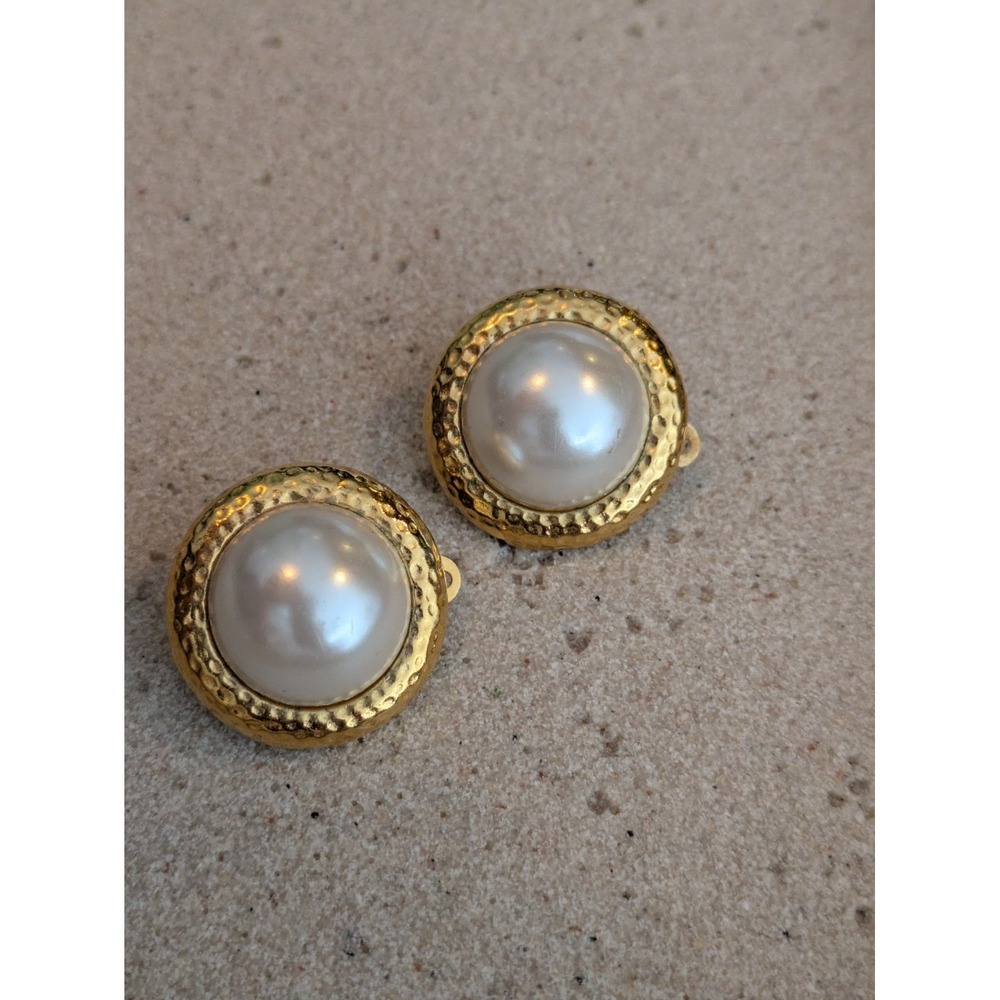 Vintage Anne Klein Clip On Earrings With Gold Tone & Faux Pearl Dome Runway Glam